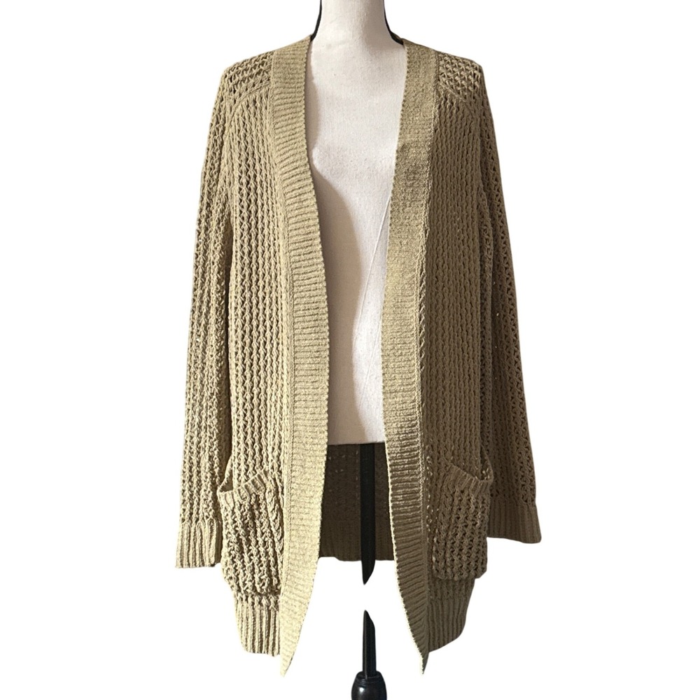 Womens Open Front Knit Cardigan Light Khaki Textured Pockets Long Sleeve XL‎